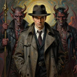 evil bad - guy frank grillo is a private detective of the arabian underworld portrait portrait portrait, demons, intricate trenchcoat, fedora, detective investigator geiger beksinski ross tran jordan grimmer darren quach ilya repin psychedelia aquatint