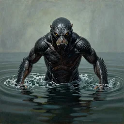 painting of the creature from the black lagoon emerging from the water by Frank Frazetta, highly detailed, perfect composition, 4k, high quality,
