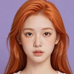 portrait Girl with orange hair and freckles, purple background, cute-fine-face, pretty face, fine details. realistic shaded lighting by disney style,