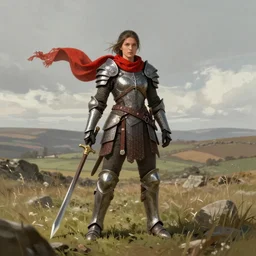 a matte painting of a female warrior wearing battle armor with a red scarf billowing behind her standing in the plains of yorkshire, good value control, concept art, digital painting, sharp focus, Anthem Javelin, battle angel, symmetrical, single character full body, 4k, illustration, rule of thirds, centered