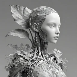 bw 3 d render, hyper detailed, stunning beautiful biomechanical albino maniac cyborg with a porcelain profile face, beautiful natural soft rim light, big leaves and stems, roots, fine foliage lace, alexander mcqueen, studio ghibli, herge, art nouveau fashion embroidered, steampunk, silver filigree details, hexagonal mesh wire, mandelbrot fractal, 8 k