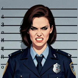 mugshot of a charismatic lady criminal with a bad attitude. police station. snarl. symmetrical portrait. grainy. illustration. art by artgerm, gret rutkowski, and slphonse mucha. - n 4 - h 6 4 0
