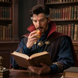 a hyper realistic screenshot film still of doctor strange reading a book in a quiet library, eating an apple. 4 k, extremely detailed, detailed drawing, cinematography, hd, fantasy, realistic lighting, realistic lighting, anamorphic lens, sharp focus, backlit, elegant.