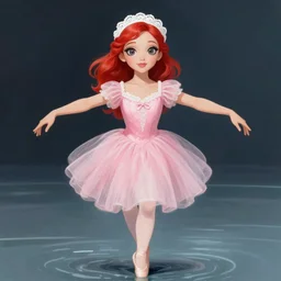 pink dress, white lace headband, goddess in ballet pose walking on water, red hair, large beautiful eyes, eyeliner, lipstick, highly detailed, digital painting, trending on artstation, concept art, sharp focus, illustration, art by artgerm and greg rutkowski and magali villeneuve