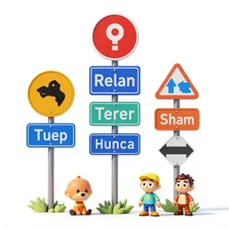 a cartoony road signs, various items, in the style of Rayman origins, michael ancel, Ruan Jia and Mandy Jurgens and Greg Rutkowski, trending on Artstation, award winning, unreal engine, octane render W 1024