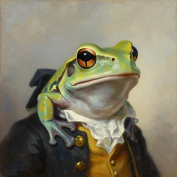 a head and shoulders portrait painting of an anthropomorphic!!!!!!!!!! amazon milk frog!!!!!!!!!! wearing a colonial!!!!!!!!!! outfit without a hat looking off camera, a character portrait, romanticism, oil on canvas, visible brushstrokes, soft colors