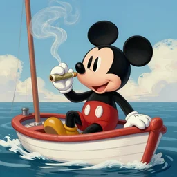 a digital painting art of capitalist mickey mouse smoking a joint on his boat, trending on artstation