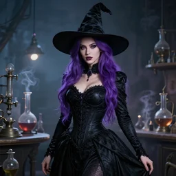 portrait of a beautiful witch in an smoky alchemy lab, long purple hair, tightly fitting black ornate dress and black witch hat, in the style of peter mohrbacher, artgerm, dramatic lighting and composition, octane render