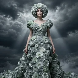 dress made of flowers mage, flower hair woman, solemn, female, rising from flowers, high detail, high contrast, extreme close up portrait, dissolve, storm clouds, god rays, d & d, fantasy, elegant, silver green color palette, cinematic, concept art, annie leibovitz, roger deakins, greg rutkowski, alphonse mucha