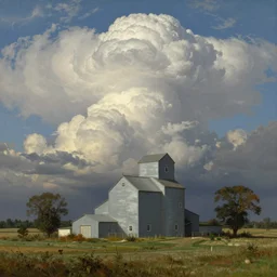 dramatic cumulonimbus clouds behind a grain elevator, idyllic, pastoral, nc wyeth, frederick remington, magritte