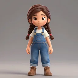 complete full view of a 3 d beautiful female young farmer with long brown braided hair and a beautiful face of alita battle angel by artgerm, wearing blue jean overalls in the style of pixar, disney and studio ghibli