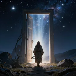a shaman entering the dream world through a giant door full of light and surrounded by stars, art by christophe vacher