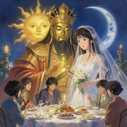 a dreamlike portrait of wedding photograph close up moment of a divine a taiwan sun god and moon goddess lovers magician at a wedding banquet. portraiture. digital painting. artstation. concept art. fantasy wedding photo. digital painting, 8 k realistic, hyper detailed, by makoto shinkai and akihiko yoshida and hidari and wlop