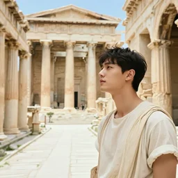 handsome korean man looking at ancient renaissance athens street with intricate details, serene, face anatomy, by wlop, peter mohrbacher, jakub rebelka, visually stunning, beautiful, masterpiece