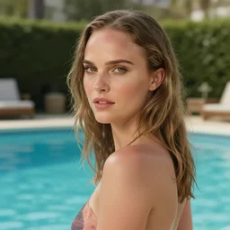 Natalie Portman Next to the pool,digital art,ultra realistic,ultra detailed,art by greg rutkowski