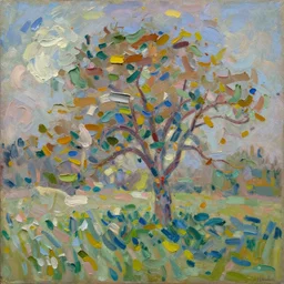 oil paint impasto relief, tree in a field, multi layered abstract texture thick brush marks, some splattered paint, in the style of monet and frank auerbach