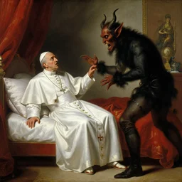 the pope is in the papal bedroom, scared because a horned demon is attacking him. highly detailed painting by gaston bussiere, greg rutkowski, craig mullins 8 k
