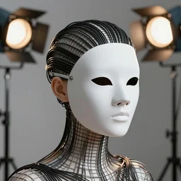 ultra detailed, beautiful natural light, studio lights, rim light, a woman wearing a white mask with black wires on her head, featured on behance, net art, made of wire, 5 0 mm lens, elegant, hyper realistic, ultra detailed, octane render, volumetric lighting, 8 k post - production
