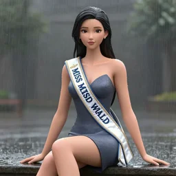 miss of the world sitting in the rain, detailed portrait, 3 d, intricate details, by conrad roset, smooth gradients, octane render, 8 k, volumetric lightning, high contrast, depth of field, coherent face