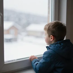 a small boy looking out of a window at the snow