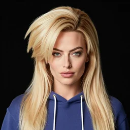 face photo of margot robbie wearing hoodie as super saiyan powering up long hair by annie leibovitz