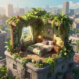 an intricate concept art illustration of an undergrowth cozy bedroom on a building top floor, anime style, global illumination, computer wires, digital art, photorealistic movie still, style ivan talavera and artgerm, hyper realistic, photorealistic, octane render, trending on artstation, cgsociety, cinematic light, 8 k
