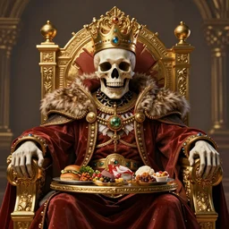 an intricate portrait, concept art, illustration, a skull king feasting, on his golden throne, ultra photorealistic, artstation, cgsociety, global illumination, pinterest, digital art, hyper detail, fuzichoco color palette, anime colors, style by wlop, hyperrealistic octane render, 8 k