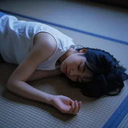 A long-shot, blue color photograph portrait of a sleeping young Japanese woman in sleeveless white shirt lying on her back on the tatami, night, dark cool twilight, 1990 photo from Japanese photograph Magazine.