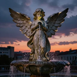 a stone statue of angel, statue is a fountain, water is dripping from eyes, there is midnight sunset, rim lights and caustics, super realistic render vray, clouds and corrupted city behind