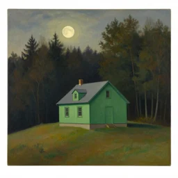 painting of a small green - painted house on a hill, with a forest behind it and the moon setting, by maxfield parrish, by rene magritte