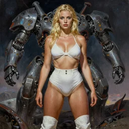 A mixed media portrait painting of a beautiful blonde brunette woman exploring an alien planet, very curvy, aesthetic! high-waisted white-bikini-armor and boots, aesthetic symmetrical face and eyes, model, Scandinavian, wet, discarded mechsuit in background, by  Frank Frazetta, Boris Vallejo, Beeple, Greg Rutkowski, Christian MacNevin,  epic fantasy character art, high fantasy, CGsociety, exquisite detail, post-processing, masterpiece, cinematic