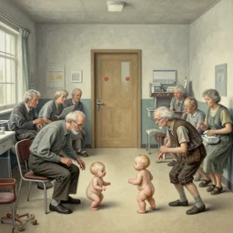 a strange battle in an old hospital between old people and babies Robert Williams Yves Tanguy  Mark Ryden and Alex Gross, Todd Schorr highly detailed balanced composition golden ratio masterpiece