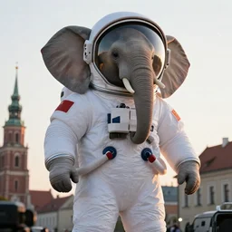 vhs footage, giant elephant wearing white custom made american spacesuit with oversized giant helmet as astronaut animal, in legnica, sunrise, by vhs camcoder