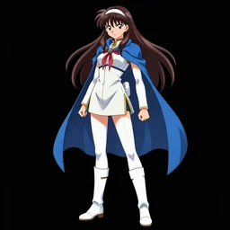 Mai Shiranui, Fighter girl, long brown hair, wearing a headband, short pale tunic and white stockings, high boots, azure cape, anime character; full body art, in the Japanese videogame; character reference sheet; trending on artstation, highly detailed, clean lineart, vector line art, clean, by Ilya kuvshinnikov, black background