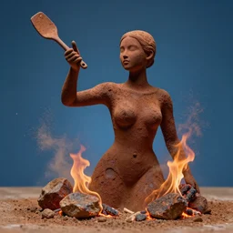 highly detailed photography of a woman made of rust clay and embers, rocks, fire, hand gesture, sharp focus, dust particles, dirt, dramatic scene, aesthetic, dynamic lighting, elegant, harmony, masterpiece, by roberto ferri, blue background, high quality, spatula