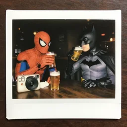 SpiderMan and Batman drinking beer at a bar, Polaroid camera