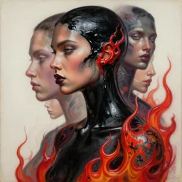 3 d, close - up, liquid black oil, fashion model with red tattoo, flame, poster art, high detail, intricate oil painting, multiple exposure, hyperrealism, 3 d, by tooth wu and wlop and beeple and greg rutkowski