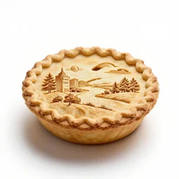 engraved apple pie, professional product shot, isolated on a pure white background, centered, entire object in frame, sharp focus, soft studio lighting