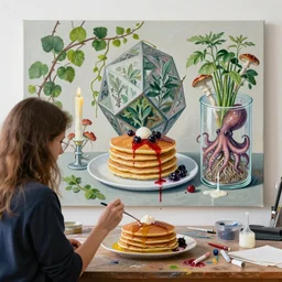 female art student in her art studio, pancakes, vines, smudged wet paint, berries, mythology, dodecahedron, sage and herbs, octopus, surgical supplies, mushrooms, plants with roots in scientific glassware, candle dripping white wax, berry juice drips, neoexpressionism, surrealism, acrylic and spray paint and oilstick on canvas
