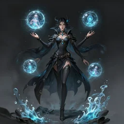 dark fantasy female magician, magic orbs, magic water, human anatomy, wide angle view, fullbody view, highly detailed, qichao wang, artgerm, cushart krenz, zeronis, trending on artstation, soft light, sharp edges, illustration, character design, concept art