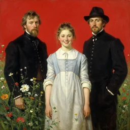 Solomon Joseph Solomon and Richard Schmid and Jeremy Lipking victorian genre painting portrait painting of a smiling young village girl in an open field of flowers, red background