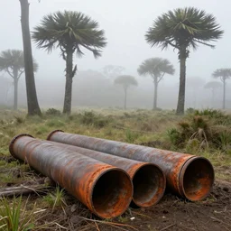 corroded sewer pipes jutting from the ground in a foggy forest of monkey-puzzle trees, landscape, realistic