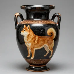 ancient greek urn painted with a shiba inu god, good condition, well preserved archeological find