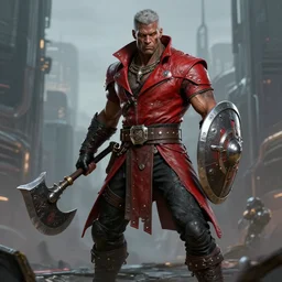 Full body Picture of a Male barbarian, cyberpunk, black leahter gloves, red leather short coat, marked muscles, dark brown skin, detailed face, light grey hair, orange eyes, combat stance, black denim pants, intrincate clothing, hi-tech hatchet, metallic shield, urban fantasy, tech city in the background, D&D, by artgerm and Craig Mullins, James Jean, Andrey Ryabovichev, Mark Simonetti and Peter Morbacher, matte painting, trending on artstation, artstationHD, artstationHQ, octane, full HD, 16K