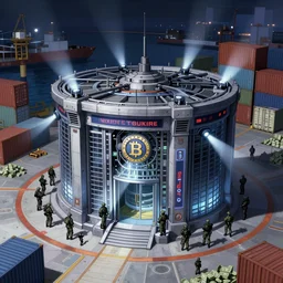 Concept Art Illustration of neo-Tokyo Maximum Security Bank, in the Style of Akira, Syndicate Corporation, Anime, Dystopian, Highly Detailed, Helipad, Special Forces Security, Blockchain Vault, Searchlights, Shipping Docks, Shipping Containers of Money :2 by Katsuhiro Otomo : 8