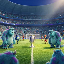 champions league final in a soccer field in hell, monsters in the crowd, disney style, colorful, fantasy, cinematic, 4 k