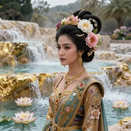 Kodak Portra 400, 8K, soft light, volumetric lighting, highly detailed, star trek style 3/4 ,portrait photo of Chicha Amatayakul, the face emerges from a thermal water flowing down gold travertine terraces, with lotus flowers, inspired by Ophelia paint , a beautiful luxurious royal suit, intricate hair with highly detailed realistic beautiful flowers , Realistic, Refined, Highly Detailed, ethereal lighting colors scheme, outdoor fine art photography, Hyper realistic, photo realistic