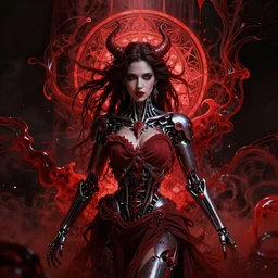 masterpiece portrait of an beautiful necromancer girl with biomechanical modifications surrounded by crimson ink pour and flowing liquid occult swirls, powerful, dramatic lighting, h. r. giger, beksinski, alphonse mucha, artgerm, donato giancola, tom bagshaw, trending on cgsociety, octane render, 8 k