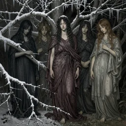muses symbolizing december, january and february, somber, mournful, style mix of æon flux, shepard fairey, botticelli, john singer sargent, pre - raphaelite, shoujo manga, branches, snow, ice, dark muted colors, superfine ink detail, ethereal, 4 k photorealistic, arnold render