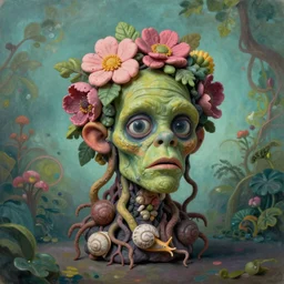 headshot portrait of a trickster nature zombie, head made of fruit and flowers in the style of arcimboldo, fragonard, covered with tendrils roots and snail shells, oil painting, ethereal, atmospheric lighting, action figure, clay sculpture, claymation, turquoise pink and green, botanical rainbow backdrop